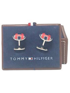 Tommy Hilfiger Cufflinks Oval Logo Red Blue H Design with Box VIntage #J-7
